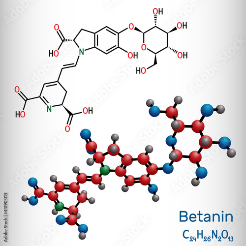 Betanin, molecule. It is betalain plant pigment, red glycosidic food dye, E162. Structural chemical formula and molecule model