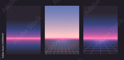 Neon light grid landscape. Futurism vector. Retrowave, synthwave, rave, vapor wave party background. Retro, vintage 80s, 90s style. Black, purple, pink, blue colors. Print, wallpaper, web template photo