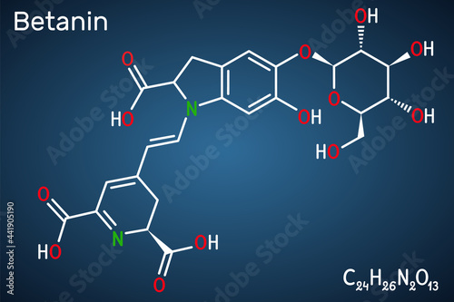 Betanin, molecule. It is betalain plant pigment, red glycosidic food dye, E162. Structural chemical formula on the dark blue background photo