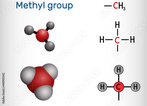 Methyl group (Me), CH3. It is alkyl functional group, structural unit of organic compounds. Structural chemical formula and molecule model photo