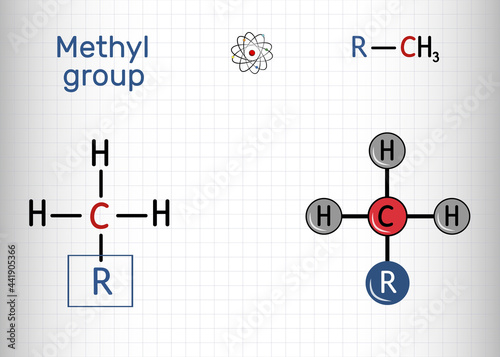 Methyl group (Me), CH3. It is alkyl functional group, structural unit of organic compounds. Sheet of paper in a cage