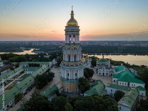 Kiev Pechersk Lavra at dawn. Clear morning. Aerial drone view.