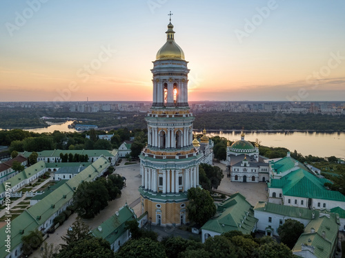 Kiev Pechersk Lavra at dawn. Clear morning. Aerial drone view.