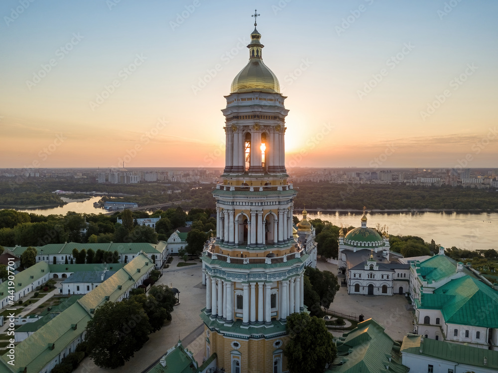 Kiev Pechersk Lavra at dawn. Clear morning. Aerial drone view.