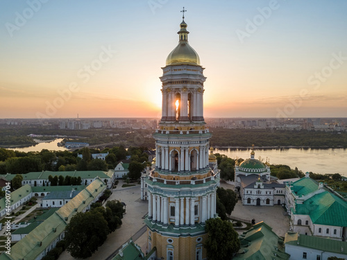 Kiev Pechersk Lavra at dawn. Clear morning. Aerial drone view. photo