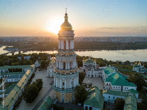 Kiev Pechersk Lavra at dawn. Clear morning. Aerial drone view. photo