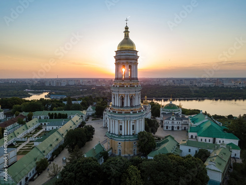 Kiev Pechersk Lavra at dawn. Clear morning. Aerial drone view.