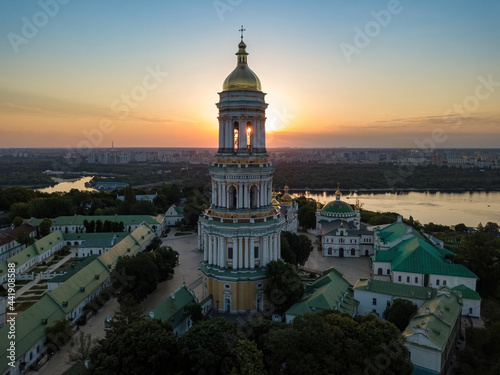 Kiev Pechersk Lavra at dawn. Clear morning. Aerial drone view.