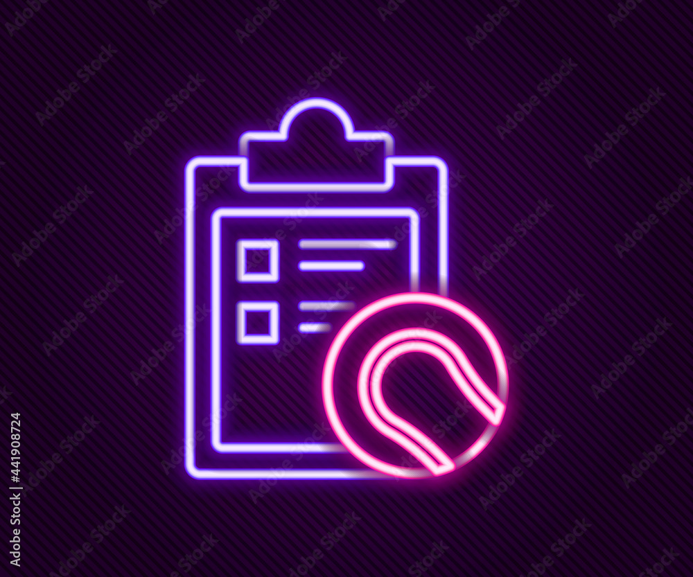 Glowing neon line Checklist clipboard and tennis ball icon isolated on black background. Sport equipment. Colorful outline concept. Vector Glowing neon line Checklist clipboard and tennis ball icon isolated on black background. Sport equipment. Colorful outline concept. Vector