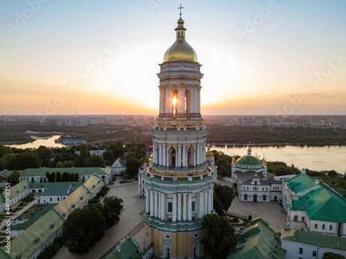 Kiev Pechersk Lavra at dawn. Clear morning. Aerial drone view. photo