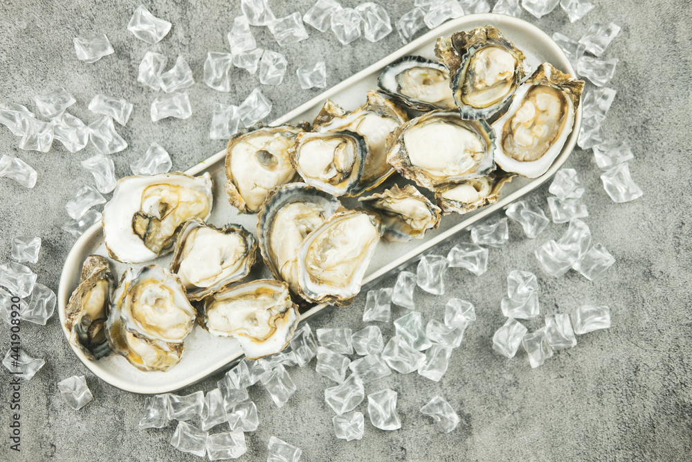 Fresh oysters served on long tray Fresh oysters served on long tray