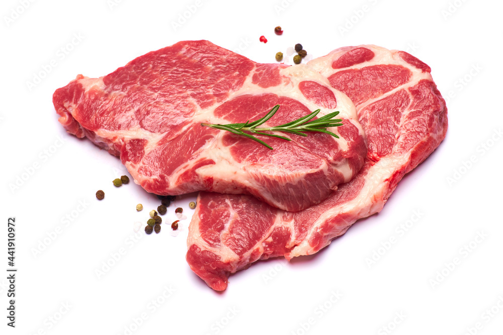Fresh raw beef or pork steaks on white background