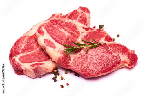 Fresh raw beef or pork steaks on white background