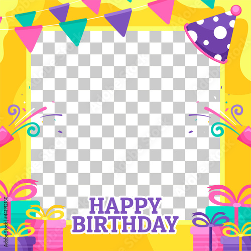 Happy birthday color vector frame. Inscription, gifts and sweet candy. Photo frame