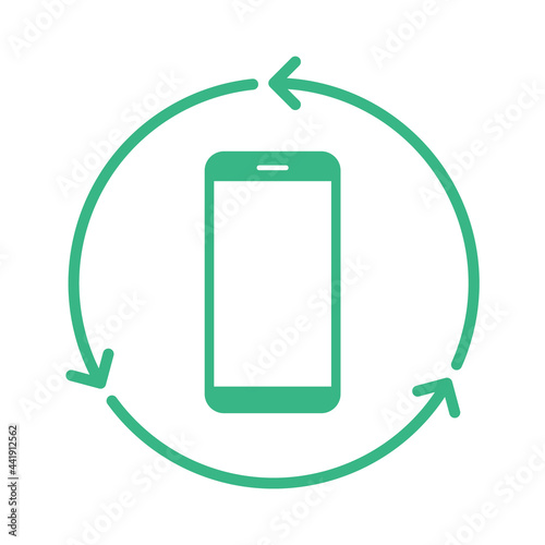 Recycling cell phones sign. Mobile phone inside circle arrows. Electronic waste management. Smartphone buyback icon. Reusable materials. Sustainable technology. Vector illustration, flat, clip art. photo