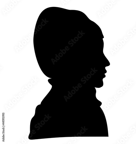 Elegant Muslim lady head with a scarf. Beautiful female face in profile. Silhouette muslim woman in profile wearing a hijab. Young arab girl avatar © EVGENIY
