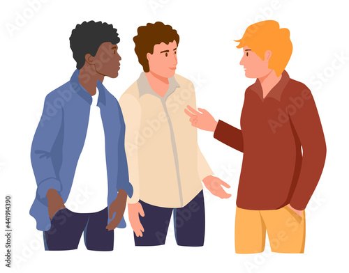 Three young man talking together to each other. Different nationalities and races. Male friendship, friends spending time together. multiethnic people talking. Flat Cartoon Vector Illustration