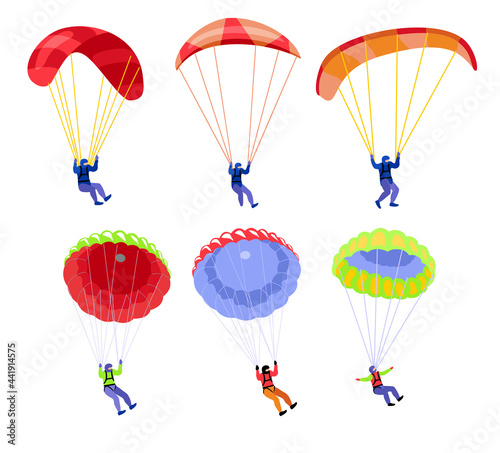 Parachutists. People on parachutes set. Skydivers flying with parachutes set, extreme parachuting sport and skydiving concept vector Illustrations on a white background