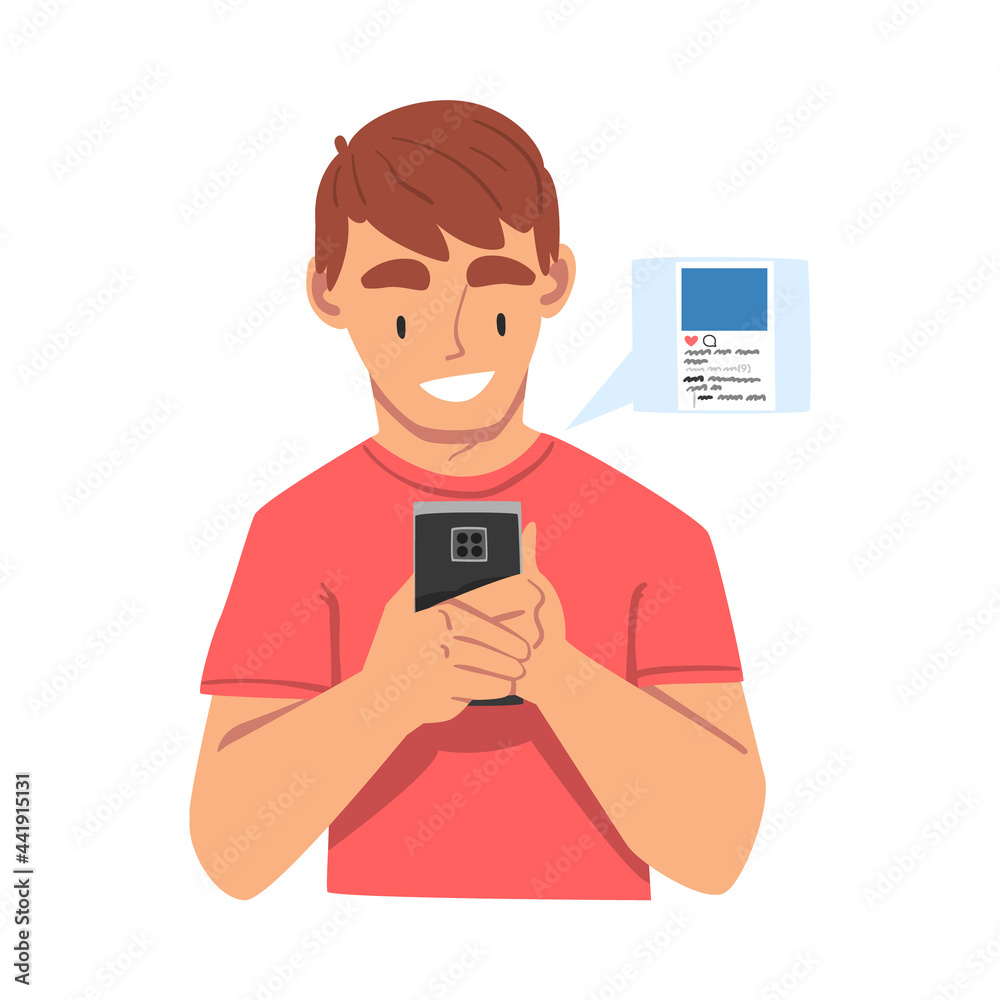 Boy Looking on Smartphones and Chatting, Cheerful Teenager Cartoon Vector Illustration Boy Looking on Smartphones and Chatting, Cheerful Teenager Cartoon Vector Illustration
