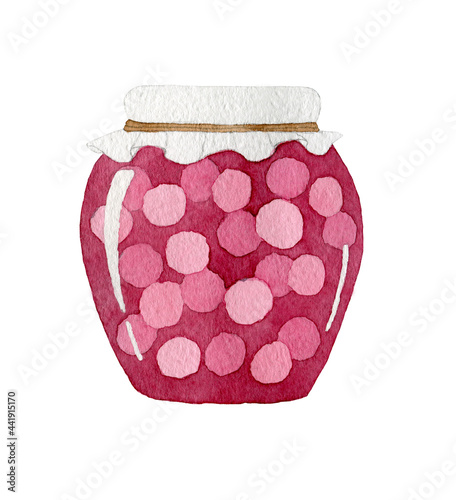 Watercolor illustration glass jar with cherry jam with berries on a white background. Suitable for packaging design, kitchen, paper, postcards.