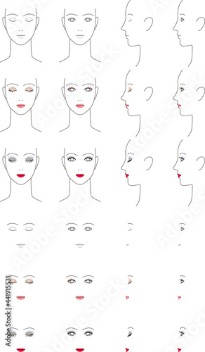 素顔と化粧した女性の顔.　シンプルな線画のベクター画像