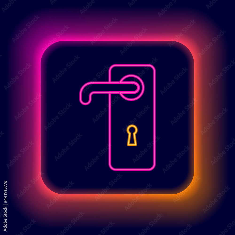 Glowing neon line Door handle icon isolated on black background. Door lock sign. Colorful outline concept. Vector