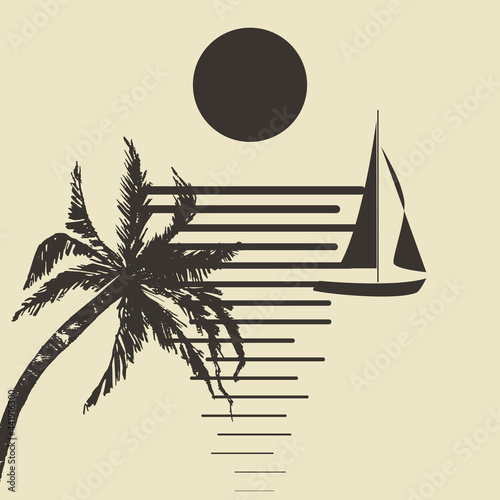 Moonlit night, rest. Minimalistic vector illustration in the form of an abstract composition of silhouettes of the moon, palm and sailboat in a flat style