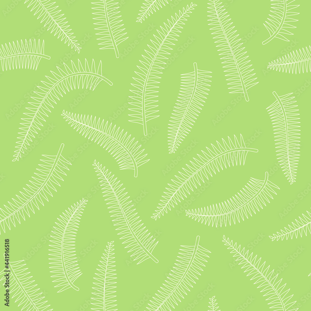 Tropical fern leaves white outline drawing seamless pattern. green background. Jungle foliage line art texture. Stock vector illustration.