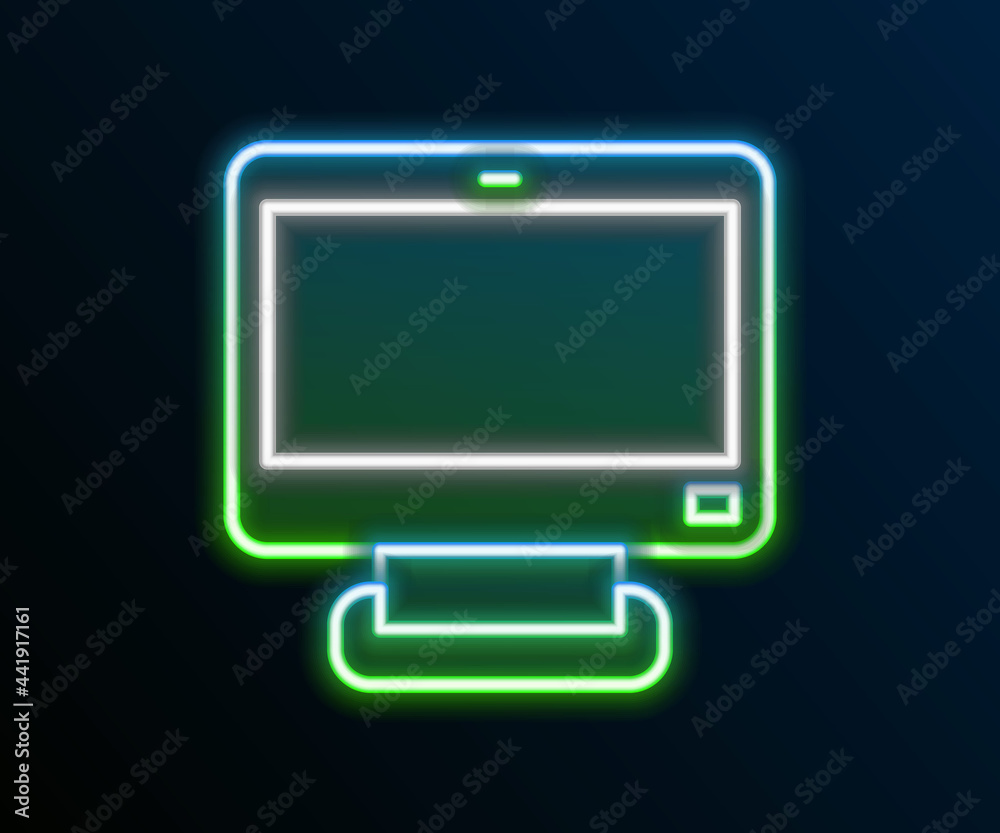 Glowing neon line Computer monitor screen icon isolated on black background. Electronic device. Front view. Colorful outline concept. Vector Glowing neon line Computer monitor screen icon isolated on black background. Electronic device. Front view. Colorful outline concept. Vector
