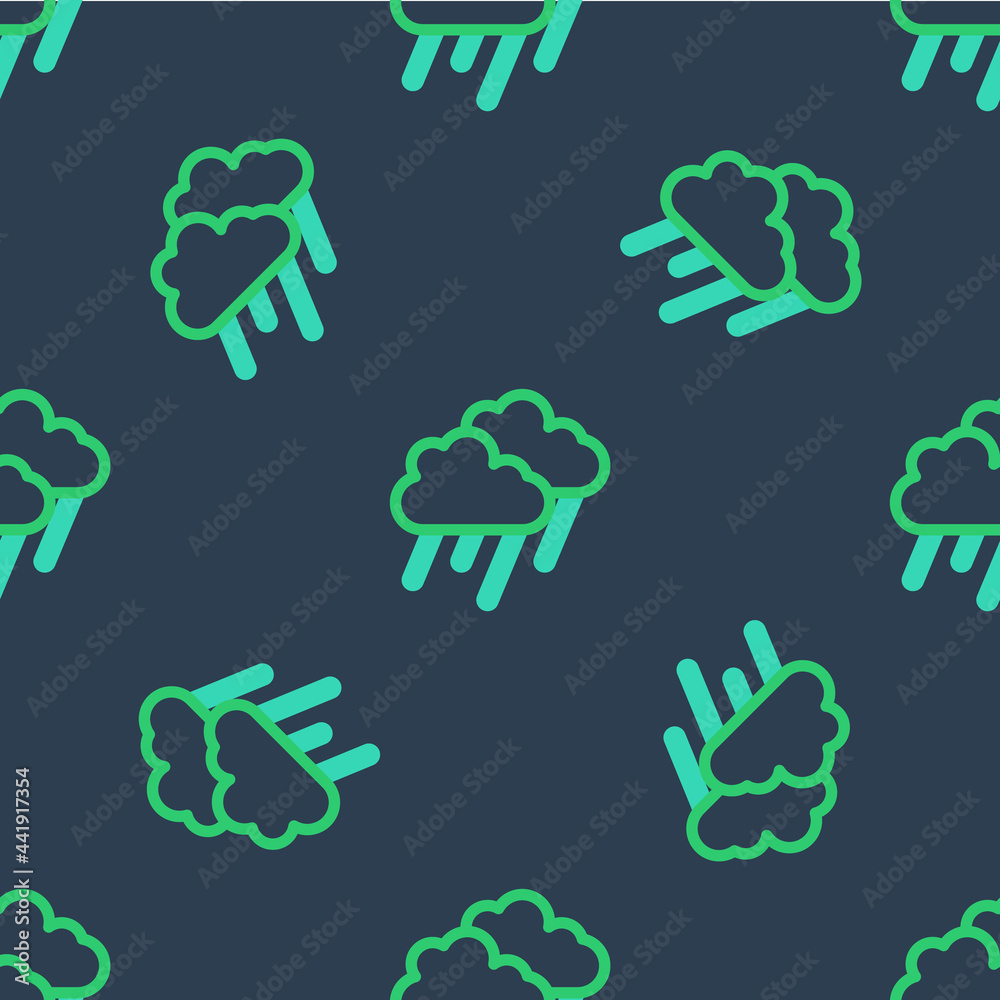 Fototapeta premium Line Cloud with rain icon isolated seamless pattern on blue background. Rain cloud precipitation with rain drops. Vector