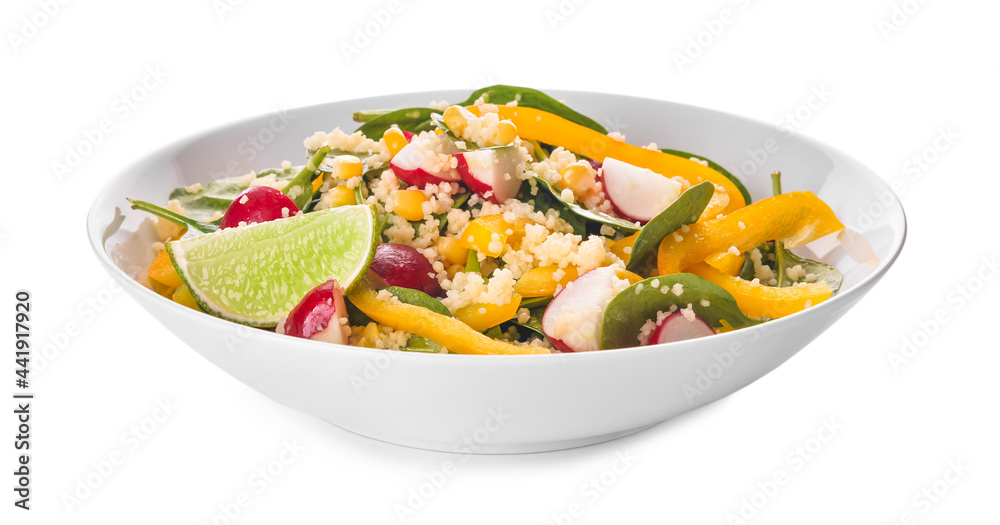 Bowl with couscous and vegetables on white background