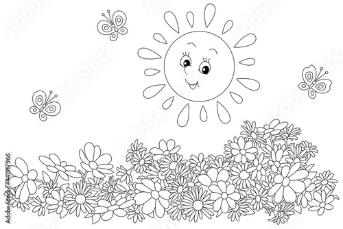 Happily smiling little sun and merry butterflies flittering over summer garden flowers, black and white outline vector cartoon illustration for a coloring book page photo
