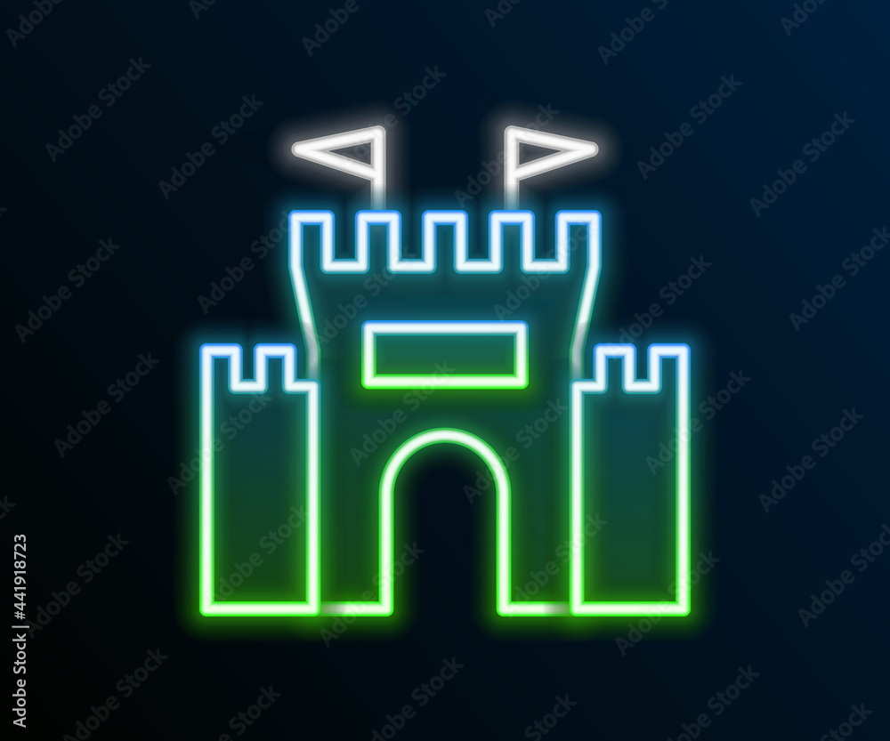 Glowing neon line Castle icon isolated on black background. Colorful outline concept. Vector Glowing neon line Castle icon isolated on black background. Colorful outline concept. Vector