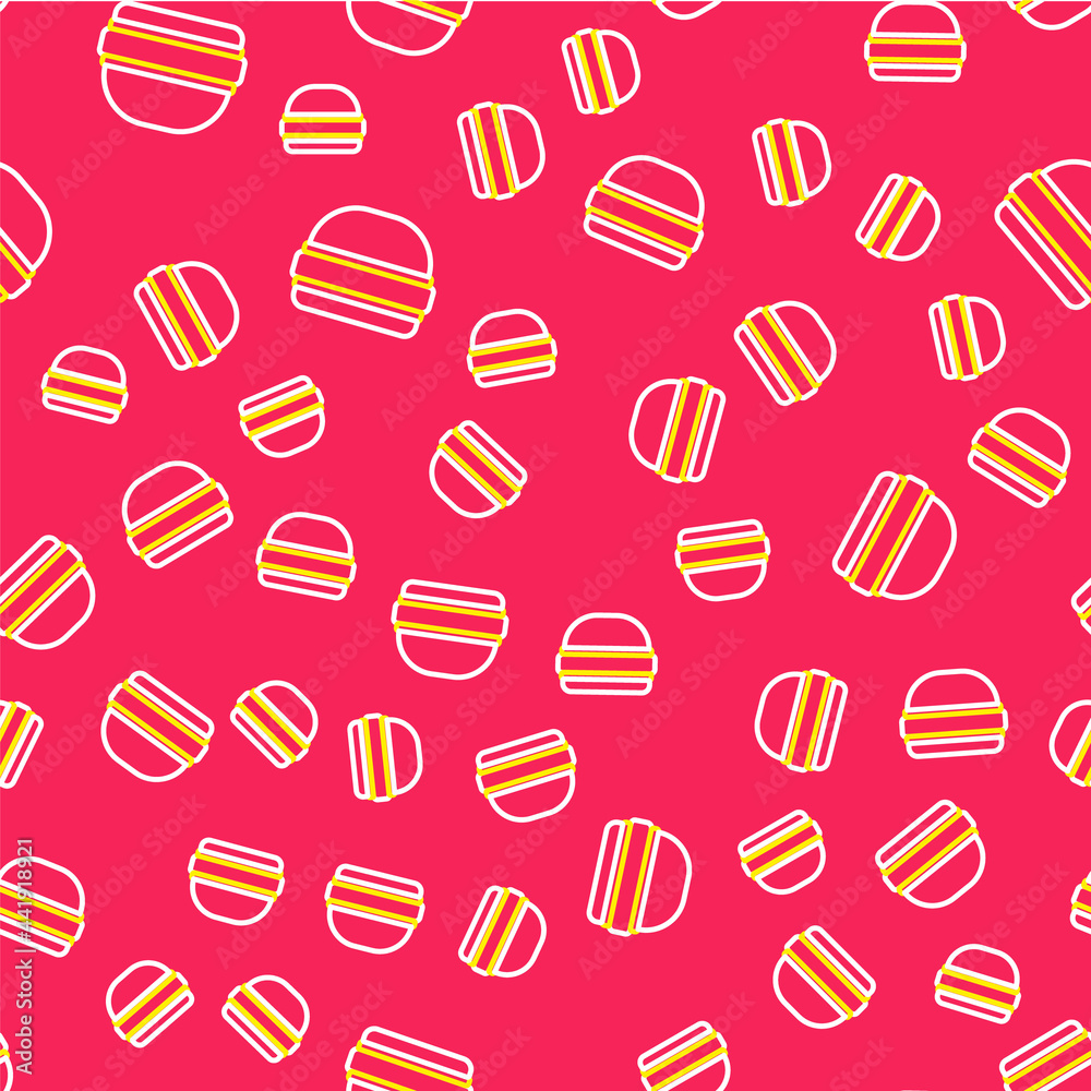 Line Burger icon isolated seamless pattern on red background. Hamburger icon. Cheeseburger sandwich sign. Fast food menu. Vector Line Burger icon isolated seamless pattern on red background. Hamburger icon. Cheeseburger sandwich sign. Fast food menu. Vector