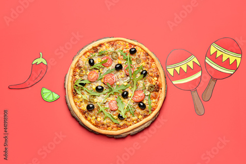 Board with tasty pizza and ...