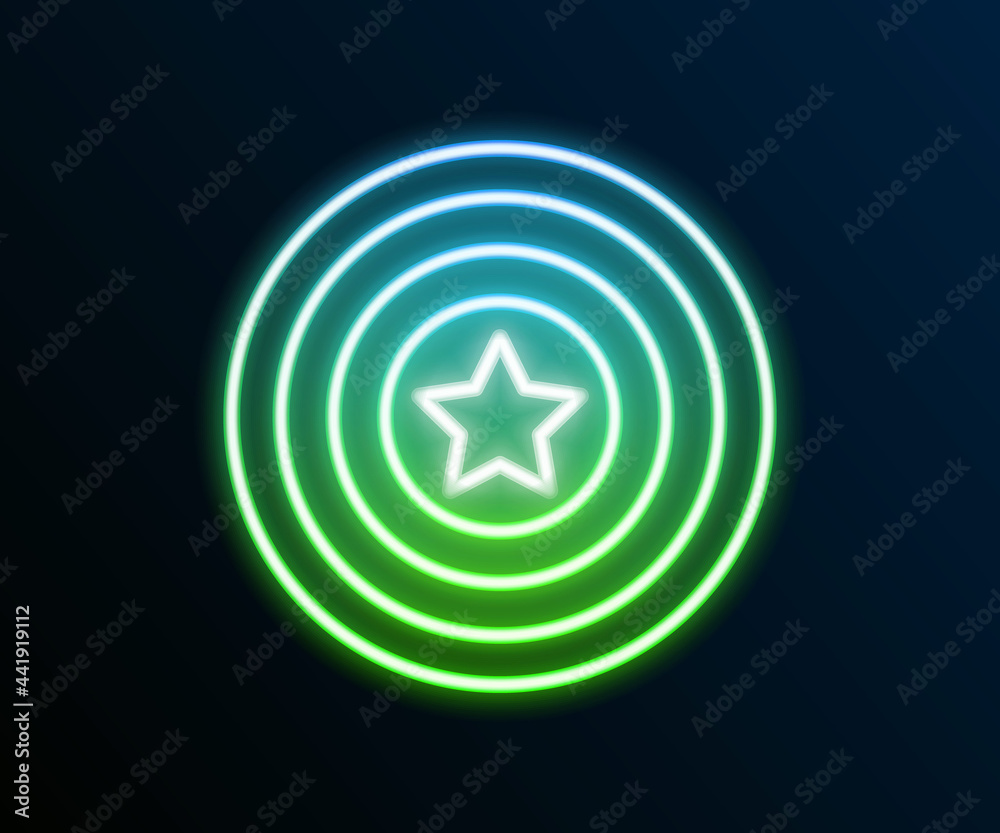 Glowing neon line American star shield icon isolated on black background. United States of America country flag. 4th of July. USA Independence day. Colorful outline concept. Vector Glowing neon line American star shield icon isolated on black background. United States of America country flag. 4th of July. USA Independence day. Colorful outline concept. Vector