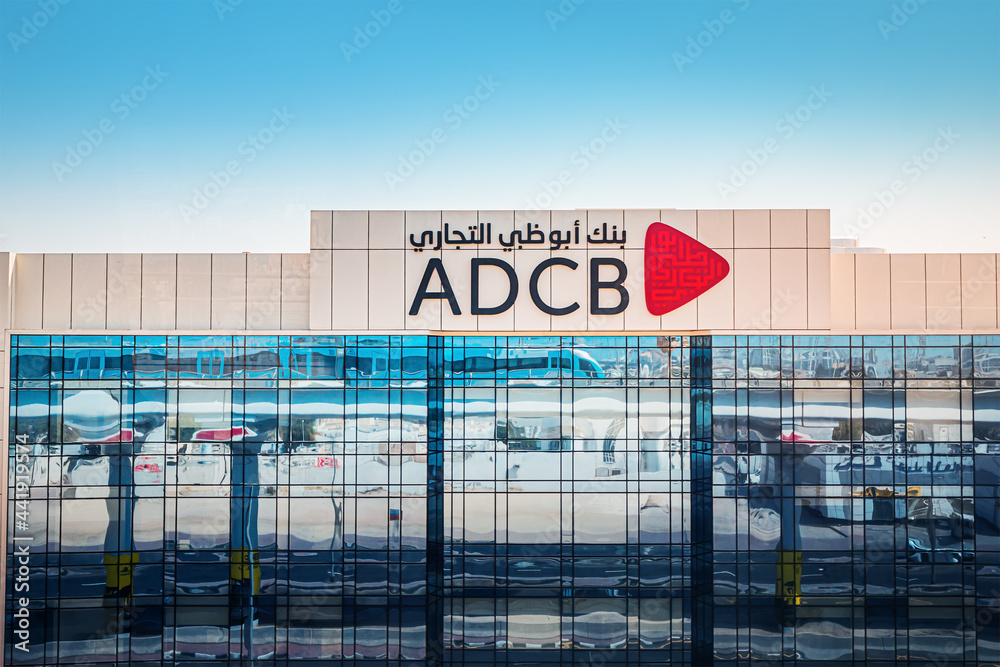 24 February 2021, Dubai, UAE: The ADCB Bank logo on the business center ...