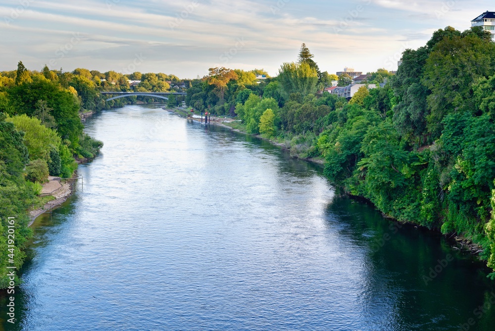 Waikato River through the city of Hamiton, North Island, New Zealand