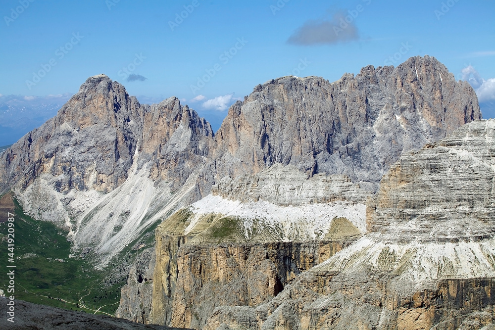 Sella group in the Dolomiltes, a mountain range in northeastern Italy Sella group in the Dolomiltes, a mountain range in northeastern Italy
