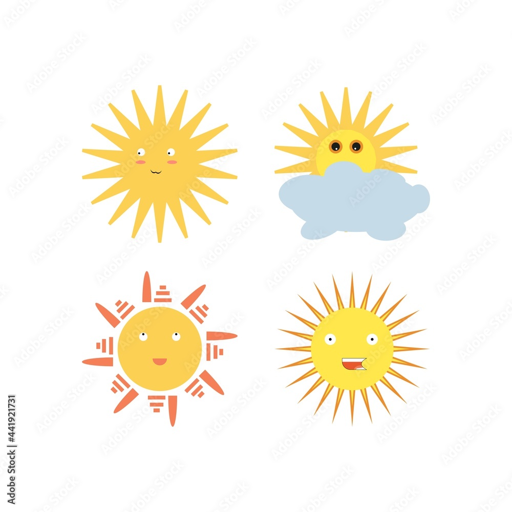 Sun character vector set. Sun cute summer characters in different expressions like angry, laughing and smiling in realistic design isolated in white background Sun character vector set. Sun cute summer characters in different expressions like angry, laughing and smiling in realistic design isolated in white background
