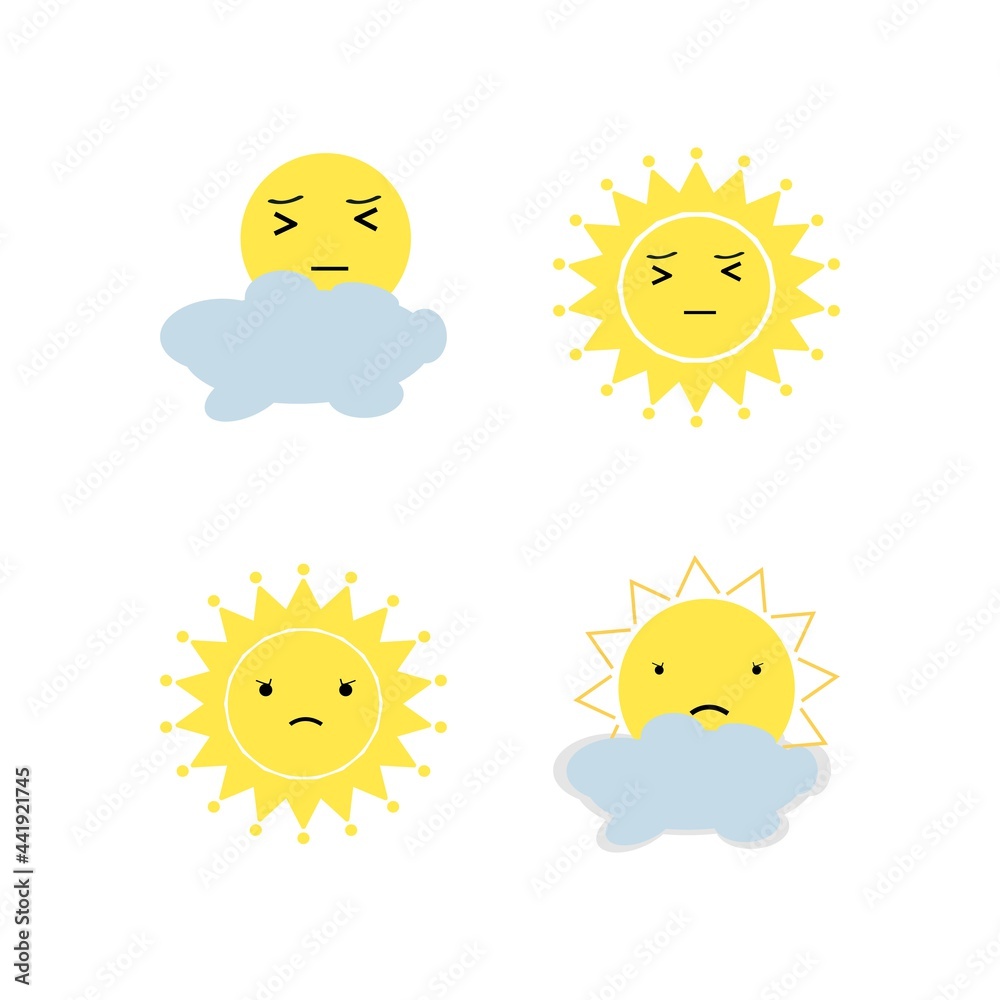 Sun character vector set. Sun cute summer characters in different expressions like angry, laughing and smiling in realistic design isolated in white background