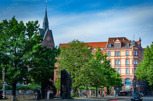 HANNOVER, GERMANY. JUNE 19, 2021. Beautiful view of the city. Monument to the Gottingen Seven