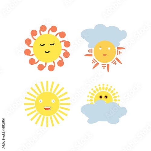 Collection of different emotion icon of smile yellow sun cartoon on white background vector illustration