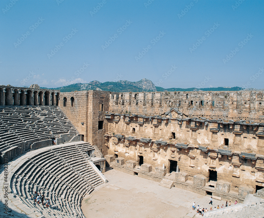 Aerial view of Aspendos Anthique Theater, best-preserved antique theater in the world
