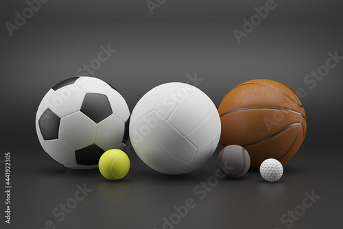 Volleyball, soccer ball, tennis, golf, baseball, basketball, sport balls isolated on black background, 3D rendering 