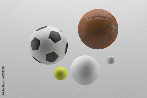 Sport equipment for minimal diet and healthy concept. Close up soccer ball, basketball, tennis, golf and volleyball on white background. 3d rendering illustration.