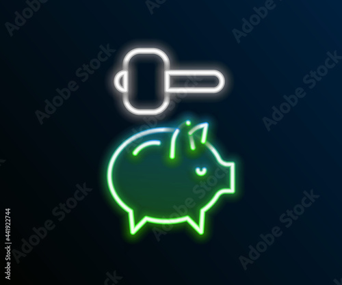 Glowing neon line Piggy bank and hammer icon isolated on black background. Icon saving or accumulation of money, investment. Colorful outline concept. Vector