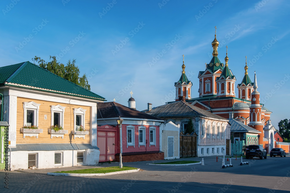 View of Holy Cross Cathedral (Krestovozdvizhensky cathedral, 1855) and historical houses of old town. Kolomna, Moscow Oblast, Russia.