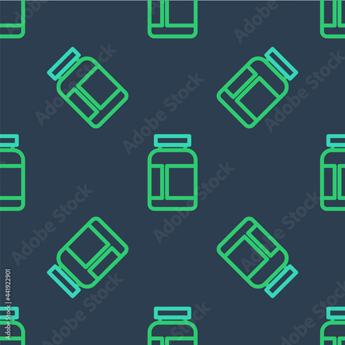 Line Sports nutrition bodybuilding proteine power drink and food icon isolated seamless pattern on blue background. Vector