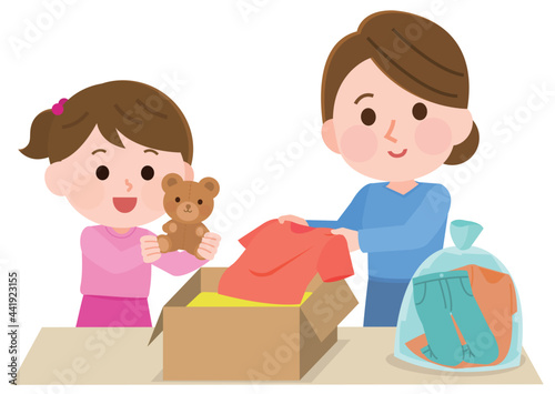 衣類をリユースしようとダンボールに入れる親子　イラスト